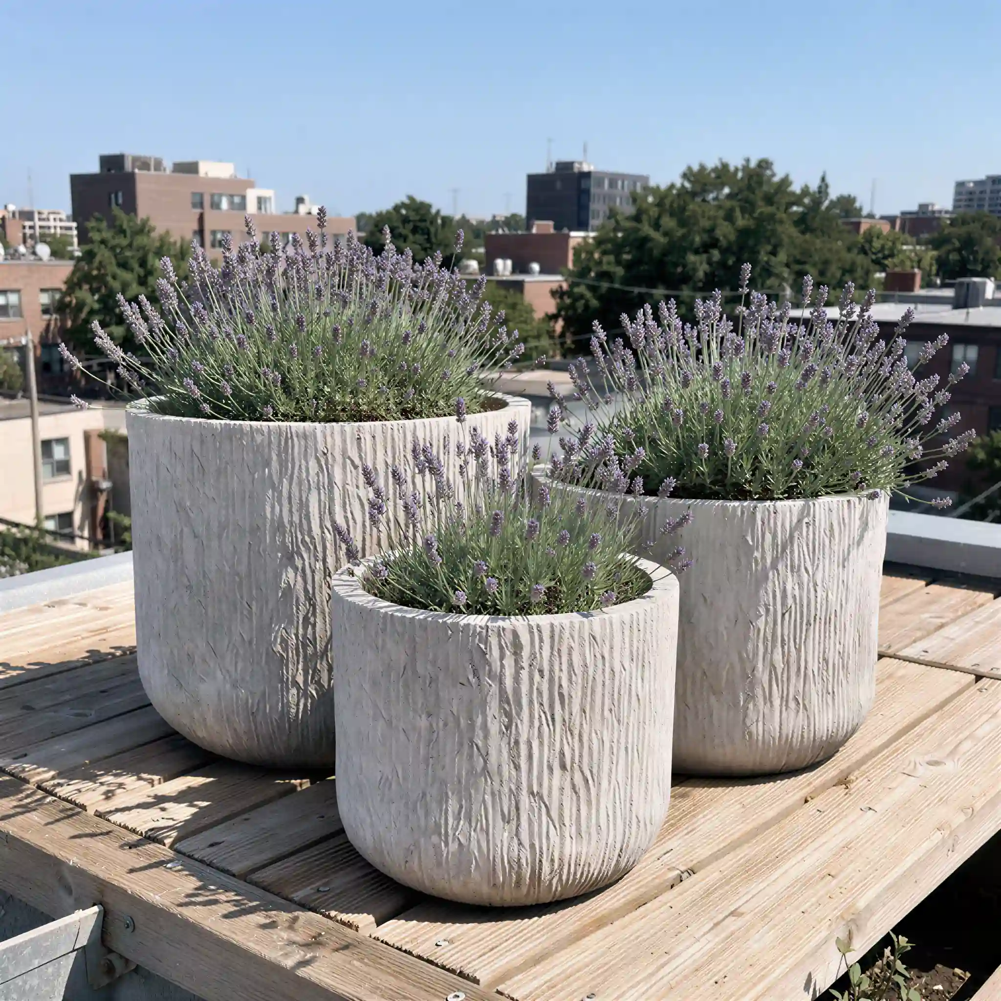 A multi-piece cluster of corrugated tall planters creating an elegant architectural boundary along a commercial facade, manufactured for B2B landscape specifiers